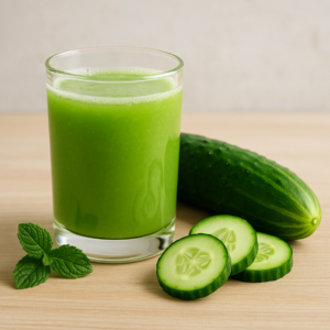 Verre de jus de concombre rempli avec mousse, accompagné d'un concombre entier, de rondelles découpées et de menthe sur une table en bois clair.