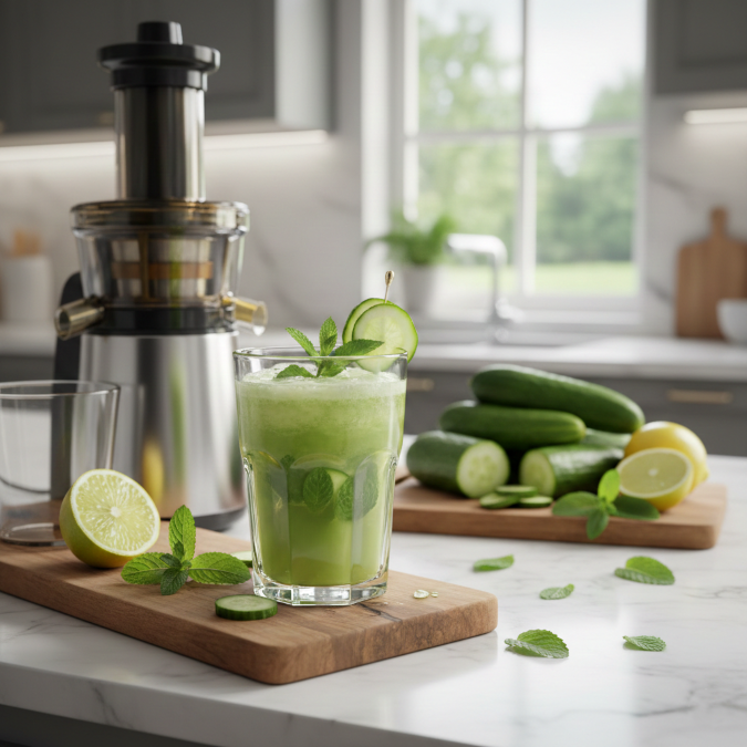 Verre de jus de concombre fraîchement préparé avec un extracteur, des rondelles de concombre, de la menthe et du citron sur un plan de travail de cuisine.