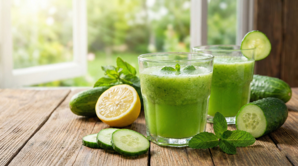 Verre de jus de concombre frais avec des tranches, de la menthe et du citron sur une table en bois, illustrant les bienfaits naturels.